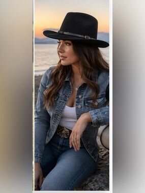 Women’s Black Wide-Brim Felt Hat with Slim Leather Band